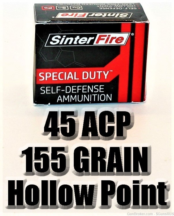 45 acp SinterFire SPECIAL DUTY JHP 45 Auto 155 Gr Personal Carry 20 RDS-img-1