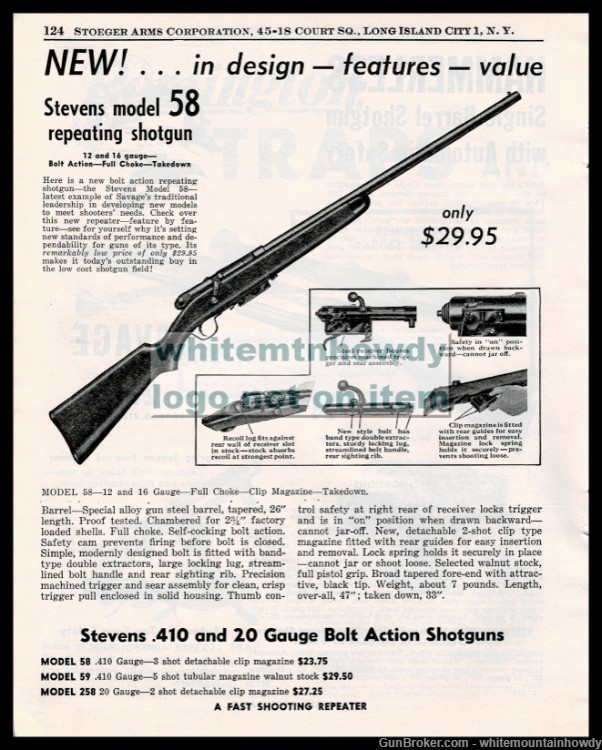 1954 STEVENS Model 48 Repeating Shotgun Original PRINT AD-img-0
