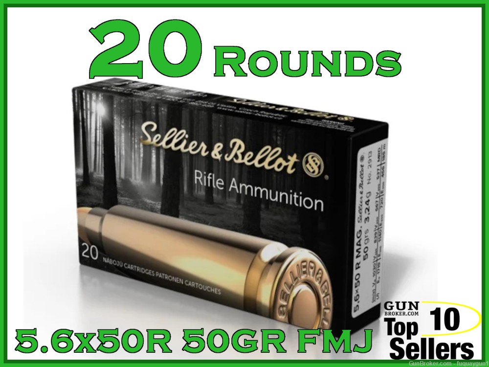 S&B 5.6x50mmR Magnum FMJ 50 GR Ammo 5.6x50R Brass Case SB5650RA 20ct Box-img-0