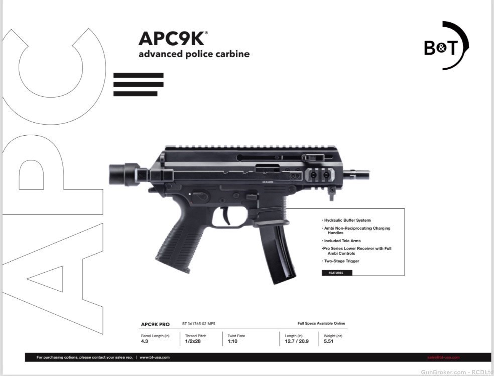 B&T APC9K PRO Pistol with HK MP5 Magazine Lower-img-1