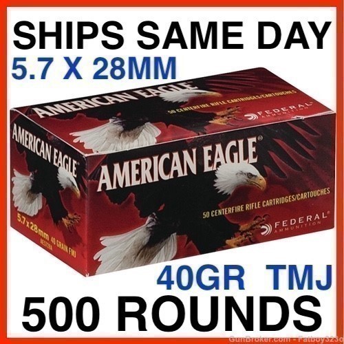 500 Rounds - Federal American Eagle 5.7x28mm Ammo 40 Gr Total Metal Jacket-img-0