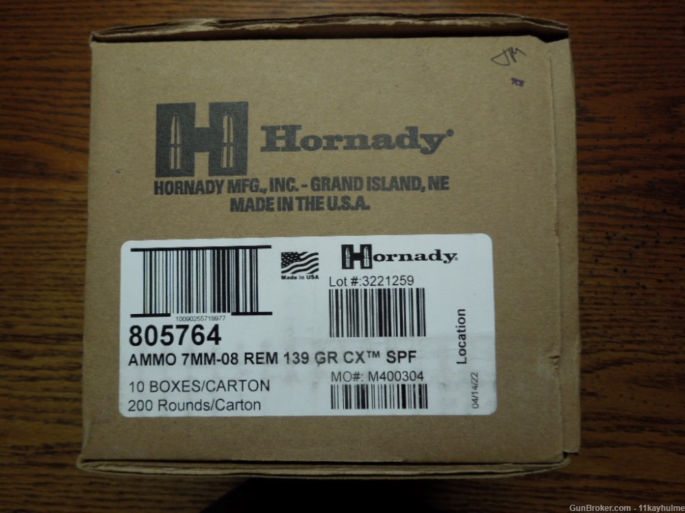 200rds 10 Boxes Hornady 7mm-08 Remington 139 Gr. CX SPF 805764-img-0