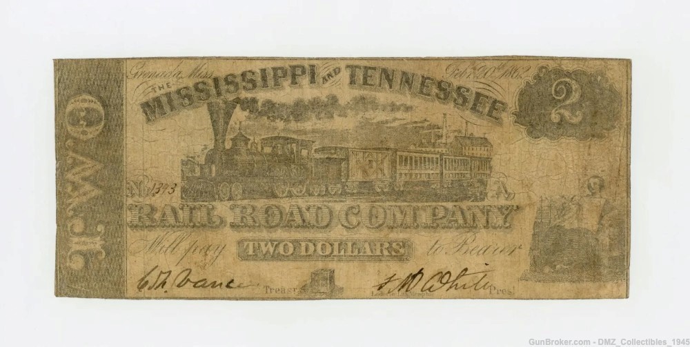 Civil War $2 Mississippi and Tennessee Rail Road Company Note-img-0