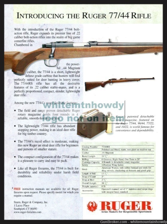 1998 RUGER 77/44 Bolt Action Rifle Photo AD Vintage Gun Advedrtising-img-0