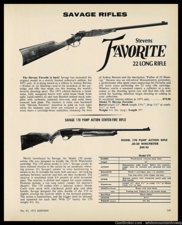 1972 STEVENS FAVORITE  .22 and SAVAGE 170 Center-fire Rifle Original AD-img-0