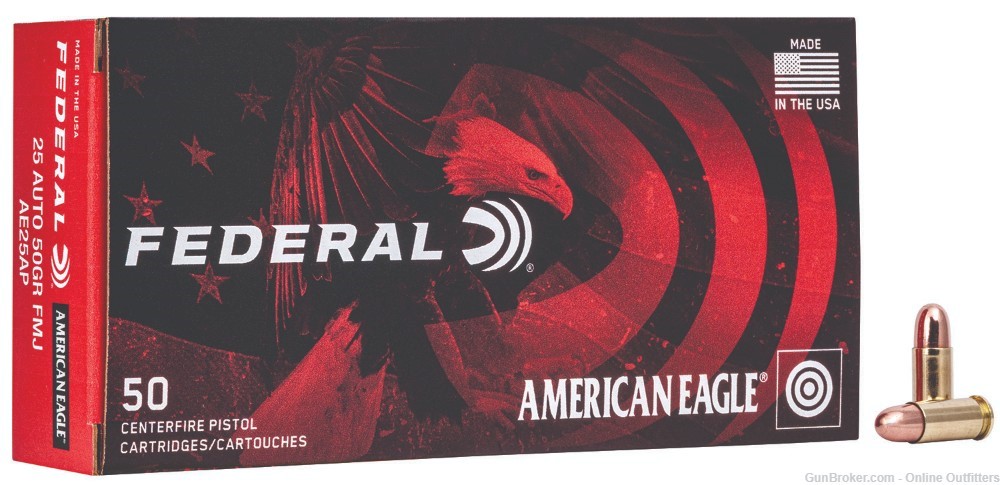 Federal American Eagle Handgun 25 ACP 50GR Full Metal Jacket 50 RDS AE25AP-img-0