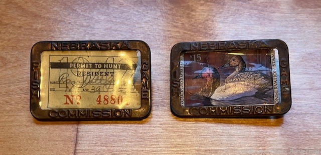 Pair Vintage Collectible Antique Nebraska Hunt & Fish Permit Holders Pins-img-0