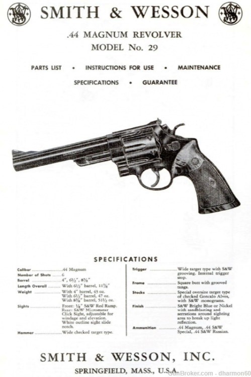Smith & Wesson .44 Magnum Model 29 Revolver Parts, Use & Maintenance Manual-img-0