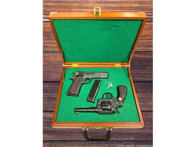 Colt Official Police Revolver & Ballester 1911 Engraved Set in Deluxe Case 