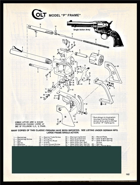 1995 COLT P Frame Single Action Army Revolver 3-page Parts List-img-0