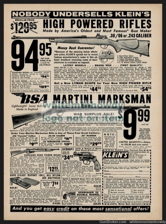 1958 BSA Martini Marksman War Supplies Sale Klein's Sporting Goods PRINT AD-img-0