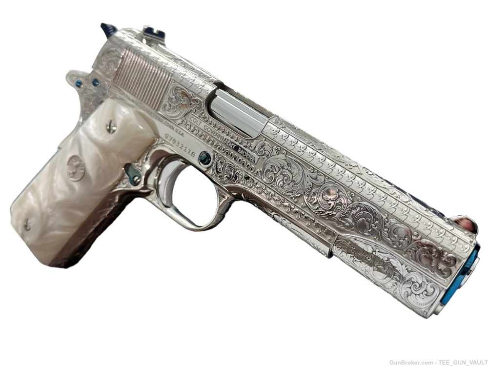 COLT CUSTOM 1911 HIGH POLISHED ENGRAVED NICKEL PLATED W/ NITRO BLUE ACCENTS-img-4