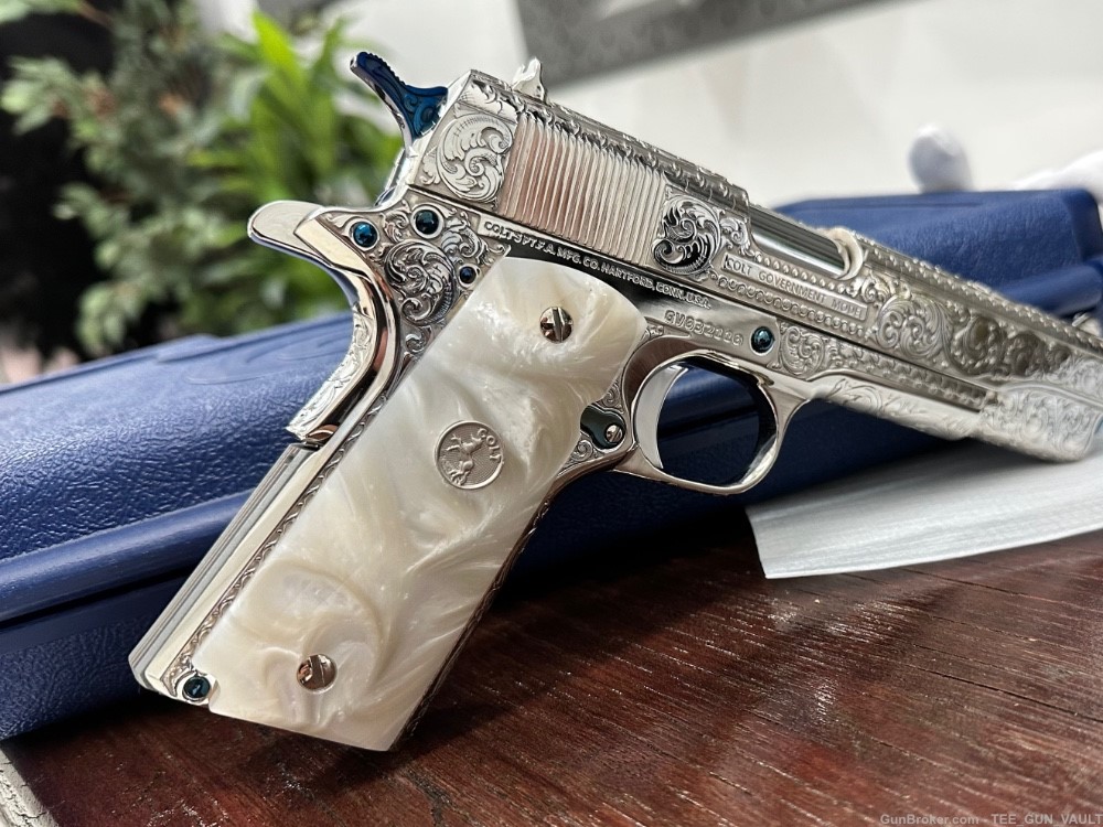 COLT CUSTOM 1911 HIGH POLISHED ENGRAVED NICKEL PLATED W/ NITRO BLUE ACCENTS-img-7