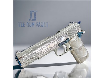 COLT CUSTOM 1911 HIGH POLISHED ENGRAVED NICKEL PLATED W/ NITRO BLUE ACCENTS