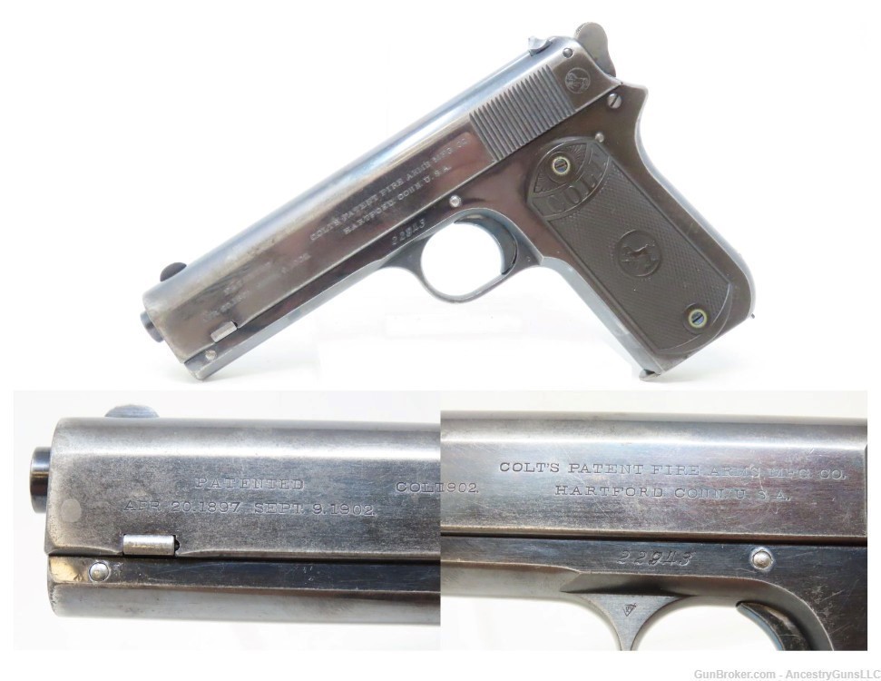 1908 mfr ARCHIVE LETTERED COLT Model 1903 POCKET HAMMER .38 Auto PISTOL ...