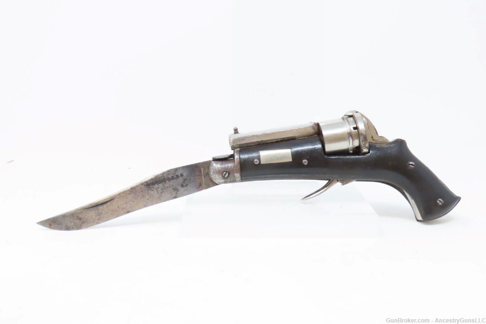 SCARCE Antique BELGIAN PINFIRE Double Action Folding Trigger KNIFE Pistol  -img-1