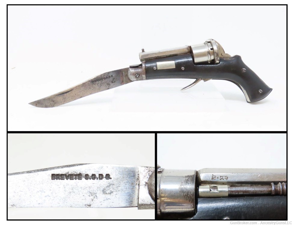 SCARCE Antique BELGIAN PINFIRE Double Action Folding Trigger KNIFE Pistol  -img-0