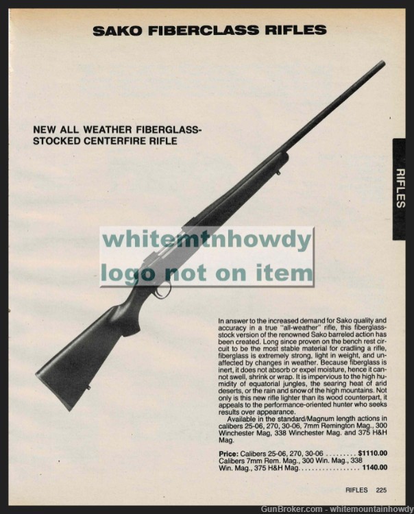 1986 SAKO All-Weather Fibergl;ass Stock Centerfire Rifle PRINT AD-img-0