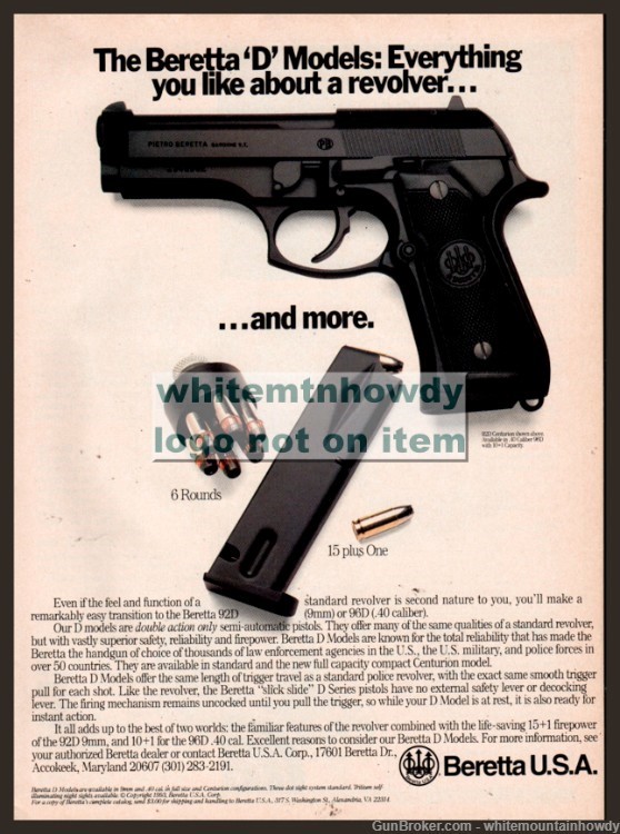 1993 BERETTA D Series 96D 40 Automatic PISTOL AD Firearms Advertising-img-0