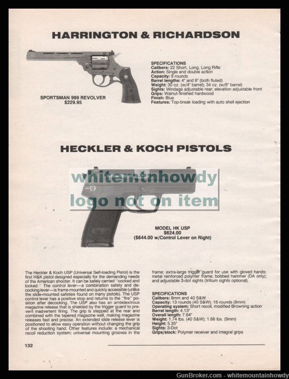 1994 HECKLER & KOCH  HK USP Pistol PRINT AD shown w/H&R 999-img-0