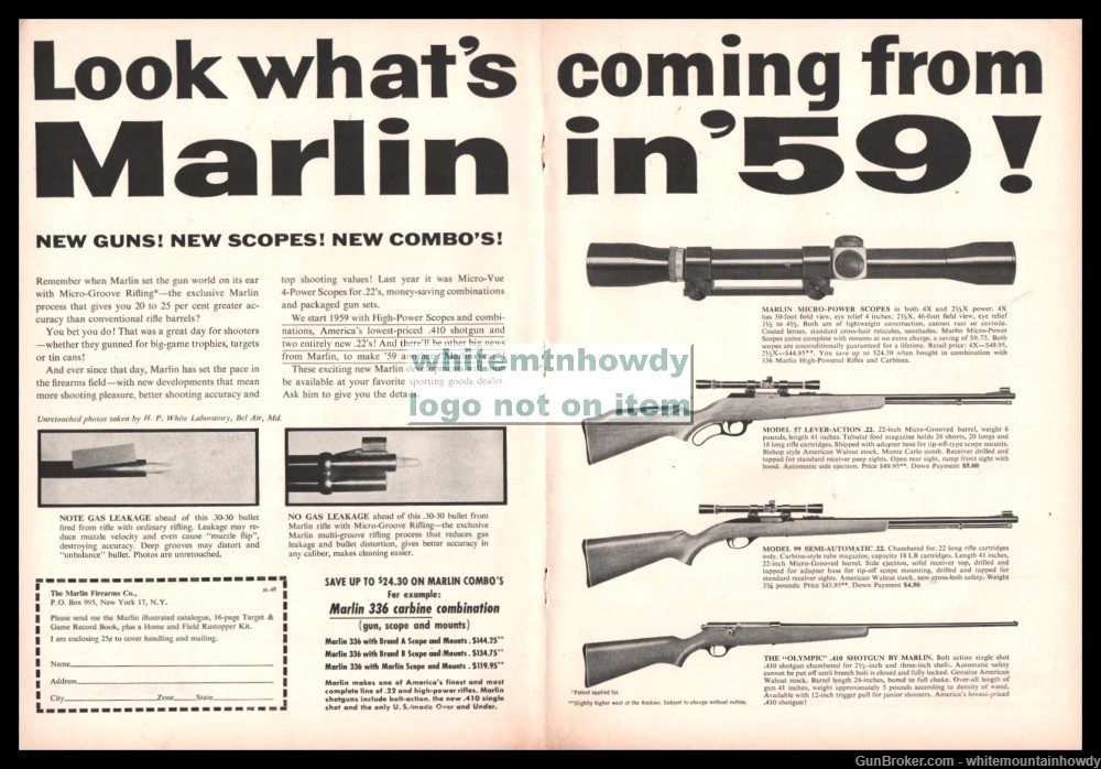 1959 MARLIN 57 Lever-Action 99 Semi Automatic .22 Rifle Olympic Shotgun AD-img-0