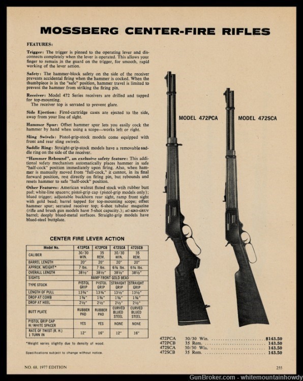 1977 MOSSBERG 472 PCA & 472SCA Center-Fire Rifle PRINT AD w/original prices-img-0