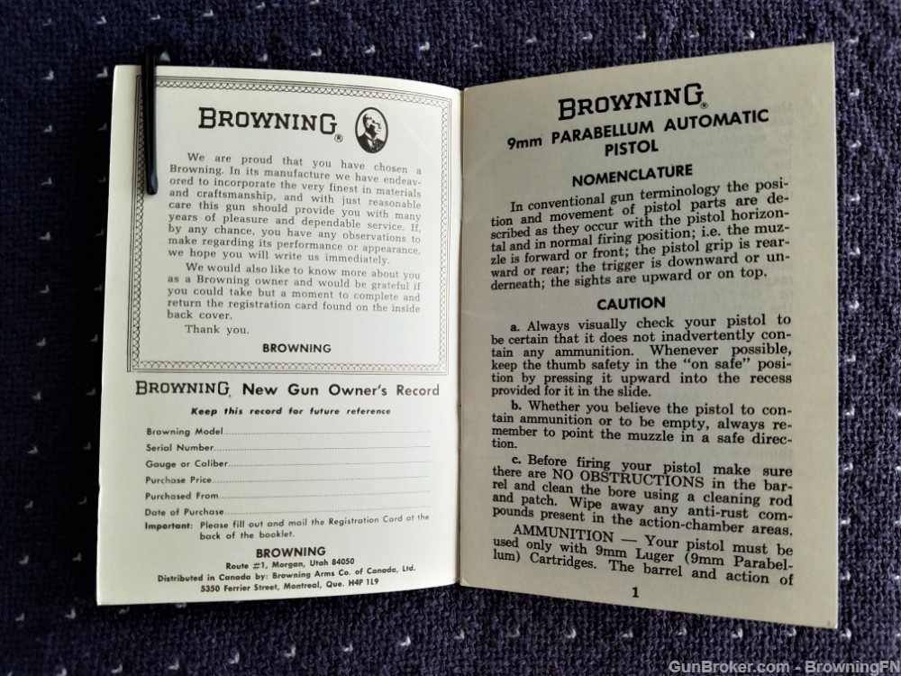 Orig Browning 9mm Parabellum Automatic Owners Manual-img-1