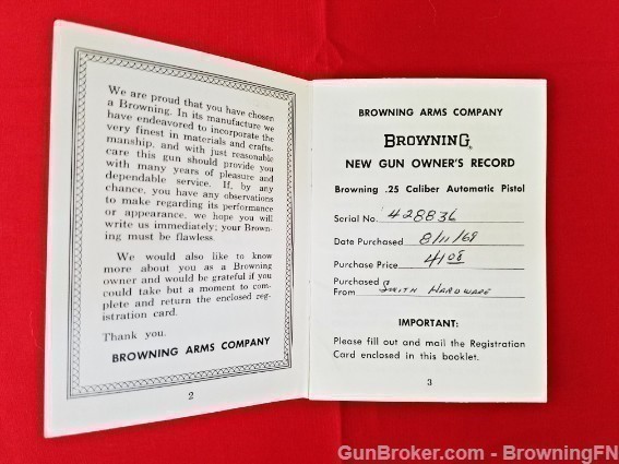 Orig Browning .25 Automatic Owners Manual 1968-img-1