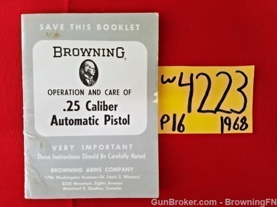 Orig Browning .25 Automatic Owners Manual 1968-img-0
