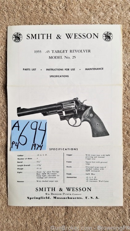 Orig S&W Model 25 Owners Instruction Manual 1974-img-0