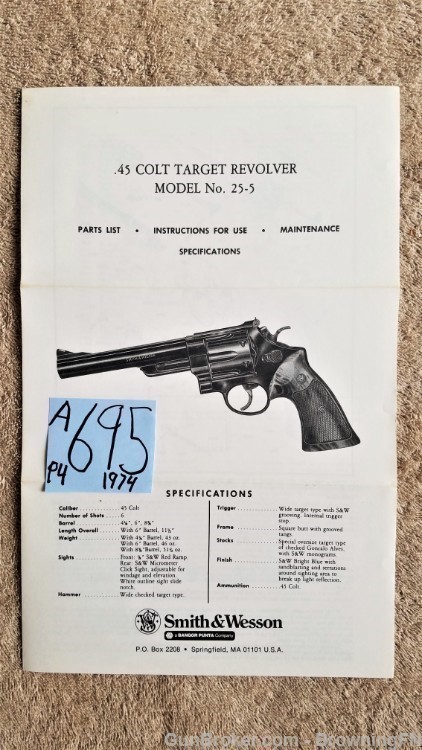 Orig S&W Model 25-5 Owners Instruction Manual 1974-img-0