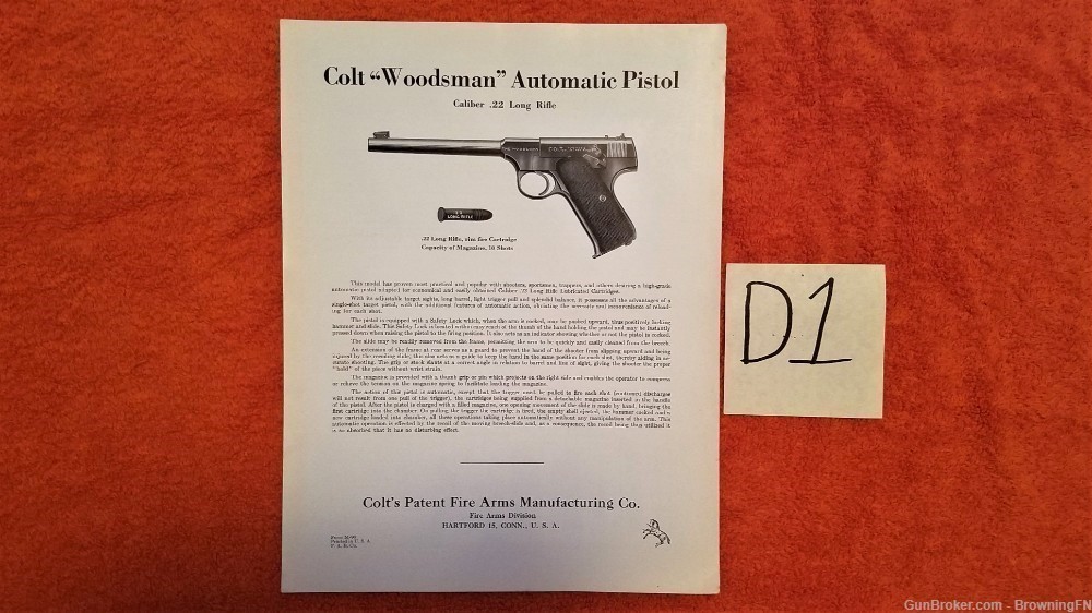 Original Colt Woodsman Automatic Pistol .22LR Owners Manual *-img-0