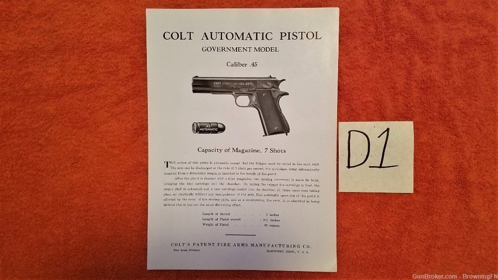 Original Colt Government Model .45 Owners Manual *-img-0