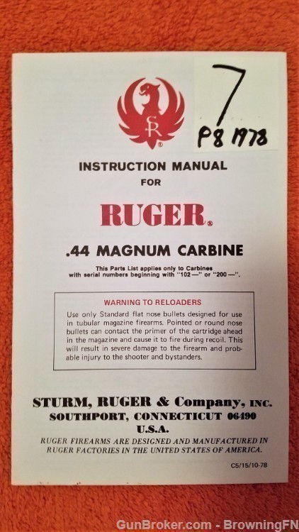 Original Ruger .44 Magnum Carbine Owners Manual 1978-img-0