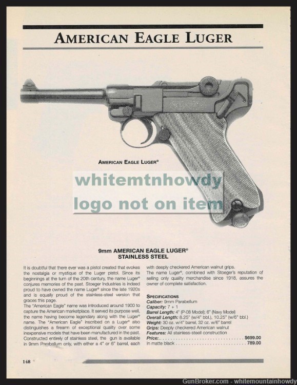 1999 AMERICNA EAGLE LUGER 9mm Stainless Pistol Original PRINT AD-img-0