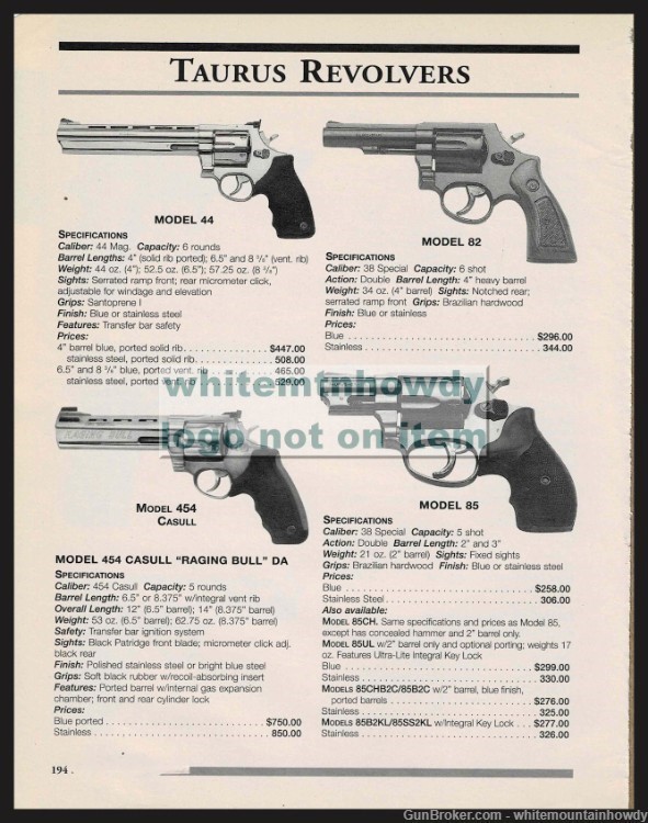 1999 TAURUS 44, 82, 454 Casull, 85 Revolver Original PRINT AD-img-0