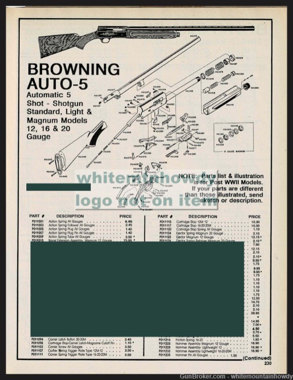 BROWNING Automatic-5 Standard Light & Magnum Shotgun Schematic Parts List-img-0
