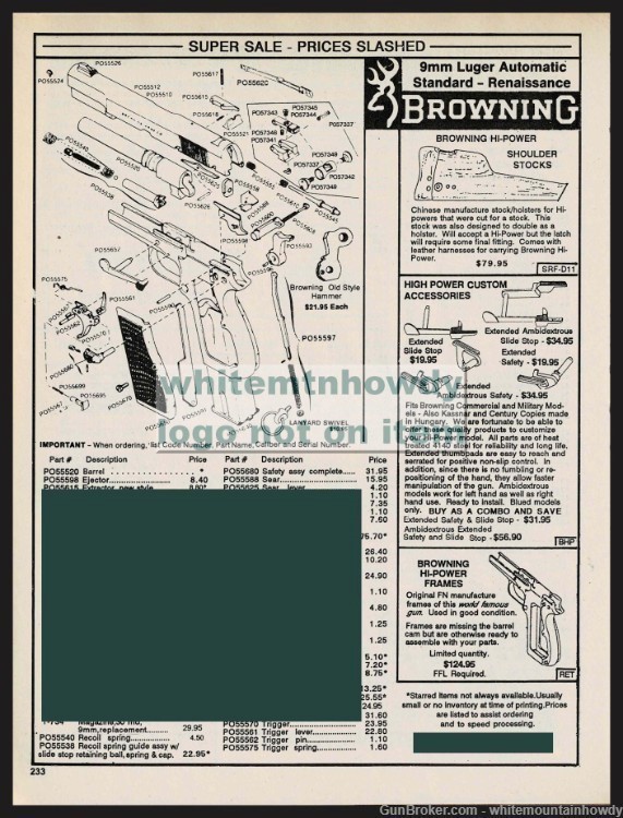BROWNING 9mm Luger Automatic Stan. Renaissance Pistol Schematic Parts Listi-img-0