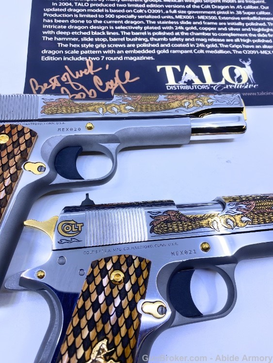 Colt 1911 38 Super DELUXE Consecutive Pair Dragon TALO Gold Ruby - 25 MADE!-img-2