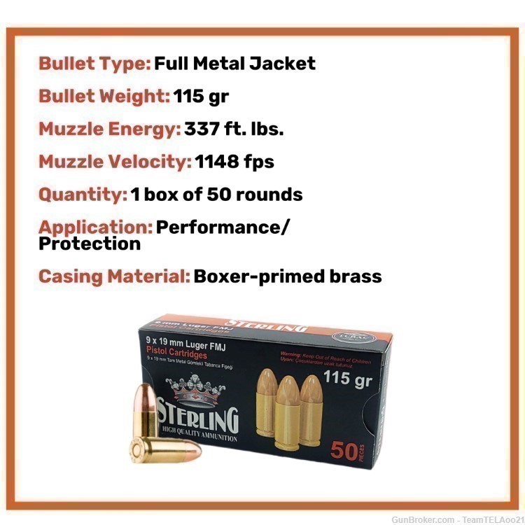 Sterling 9mm 115gr FMJ 1000 Rounds-img-1