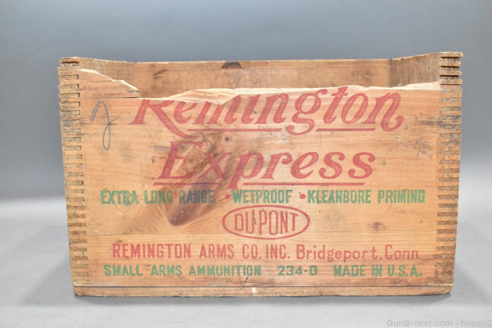 Vintage Remington Express 2 3/4" 12 G #4 500 Ct Wooden Ammo Box READ-img-2