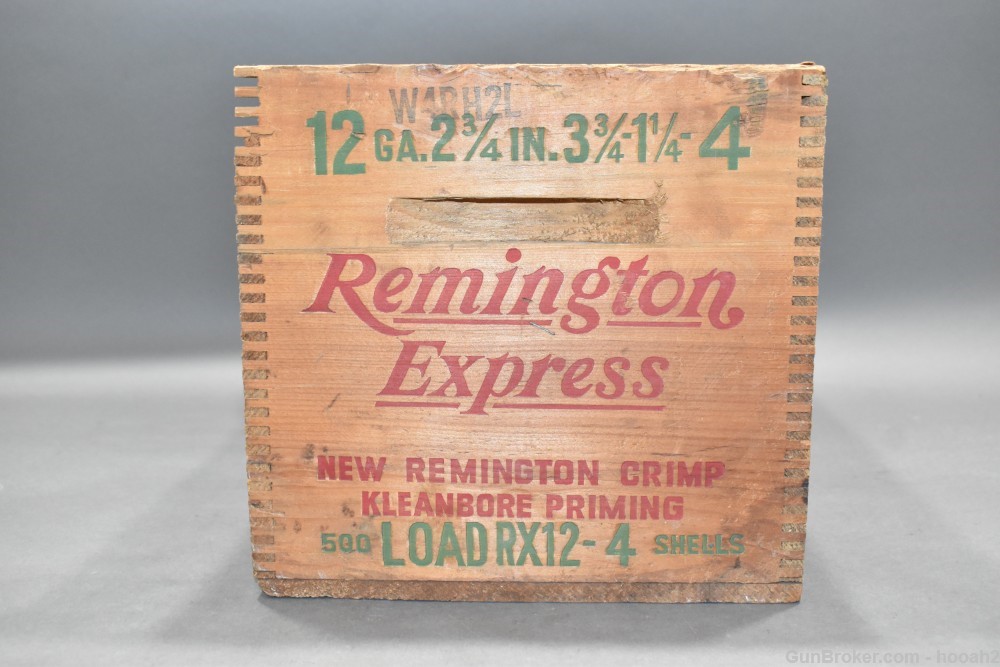 Vintage Remington Express 2 3/4" 12 G #4 500 Ct Wooden Ammo Box READ-img-1