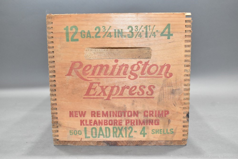 Vintage Remington Express 2 3/4" 12 G #4 500 Ct Wooden Ammo Box READ-img-3