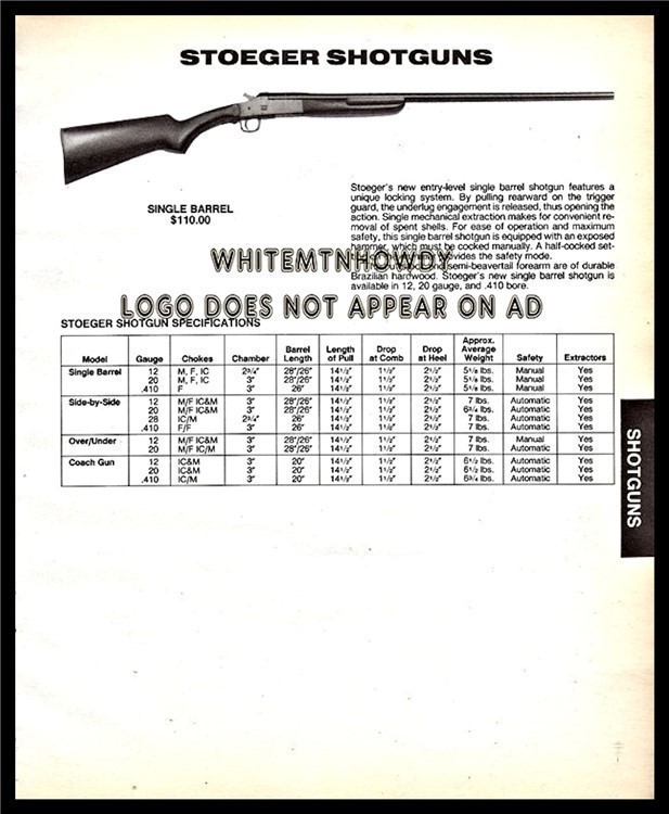 1991 STOEGER Single Barrel Shotgun PRINT AD w/specs-img-0
