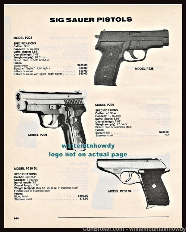 1992 SIG SAUER P228 P229 P230 SL Pistol PRINT AD w/specs original prices-img-0