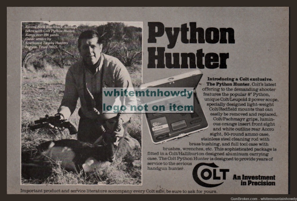1980 COLT PYTHON HUNTER Revolver PRINT AD Handgun Gun Advertising-img-0