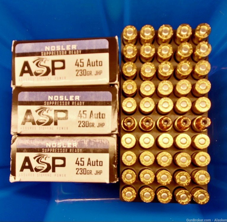 SUPPRESSOR APPROVED - 150 rounds of .45 ACP 230 gr JHP NOSLER ASP ammo-img-1