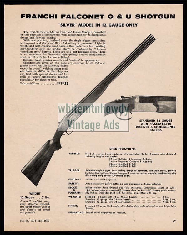 1974 FRANCHI Falconet Silver 12 gauge O&U Shotgun PRINT AD-img-0