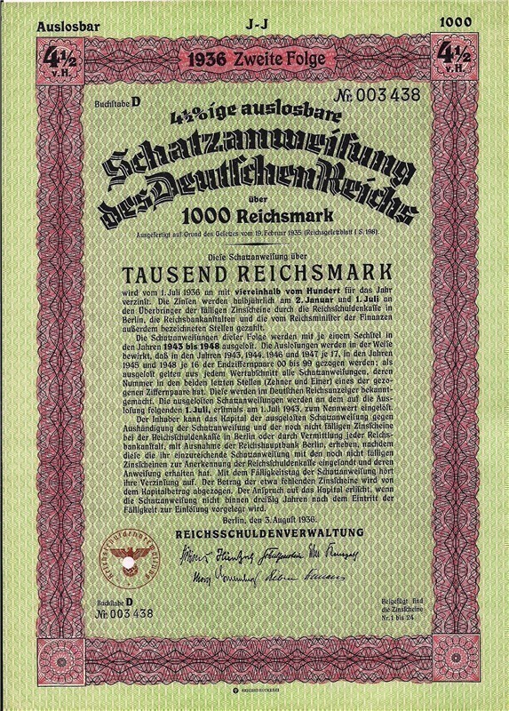 German Treasury Loan 1000 Reichsmarks 1936 with swastika WWII-img-0