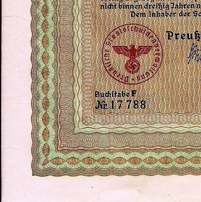 German loan, Land of Prussia 100 Reichsmarks bond 1937 with red swastika-img-1